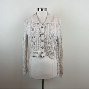 Jessica Simpson Cream Tan Crochet Knit Boho Cottage Button Front Crop Sweater